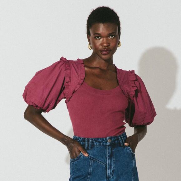 Cleobella Tops - Cleobella Lois Short Puff Poplin Sleeve Blouse in Plum Size XS